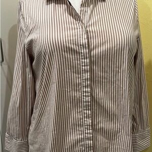 ☕️Chico's Brown & White Stripe Cotton Blend, Button Down,Long Sleeve Shirt 12/14